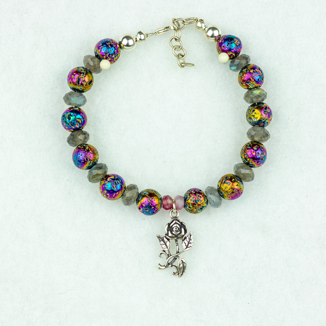 Labradorite and Rainbow Lava Stone Beaded Bracelet with Silver Rose Charm