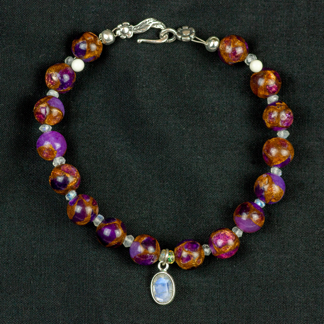 Amethyst and Opal Beaded Bracelet with Moonstone Charm