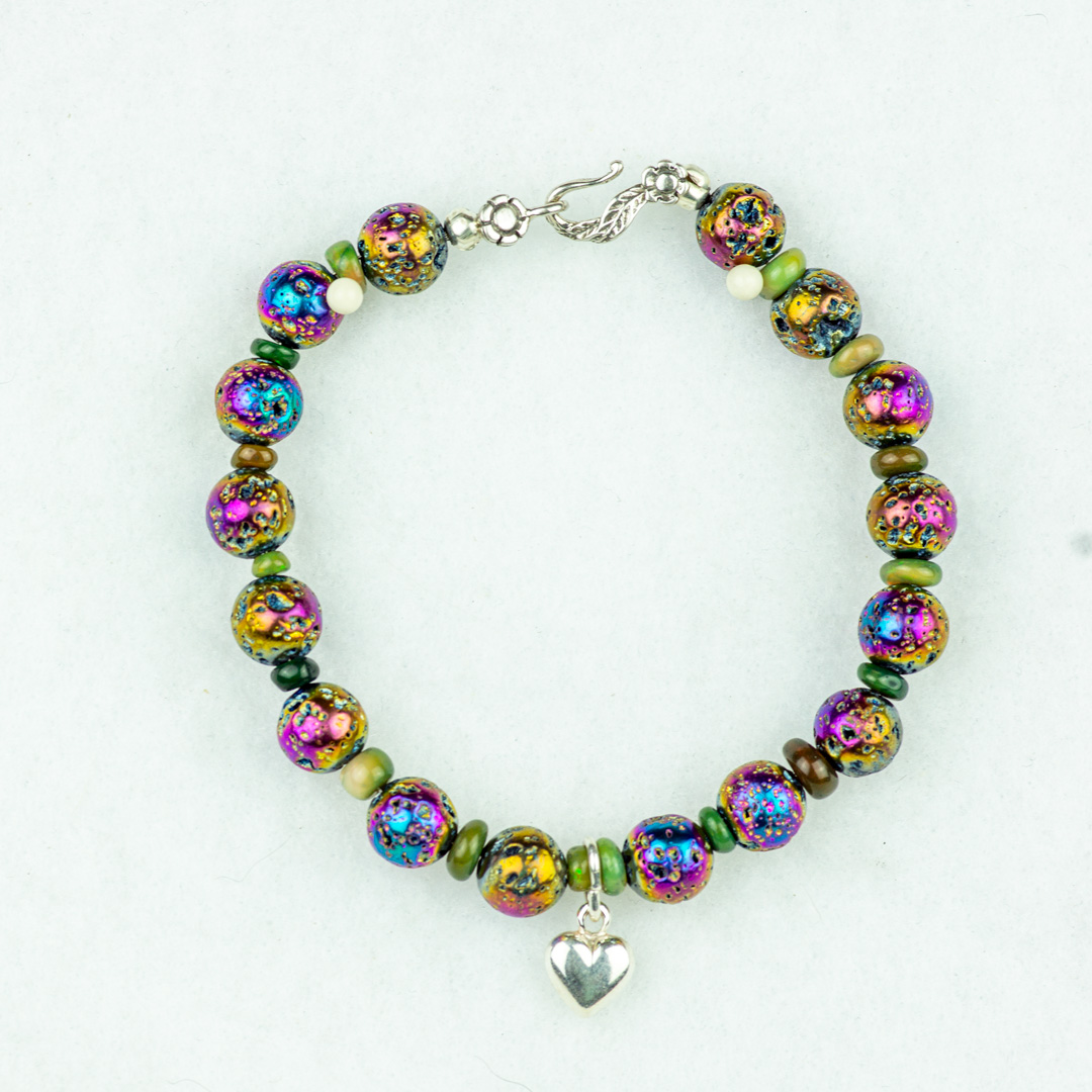 Rainbow Lava Stone and Black Opal Beaded Bracelet with Silver Heart Charm