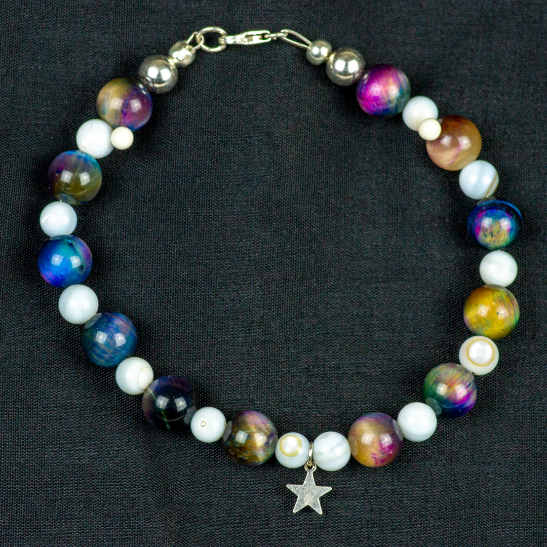 Rainbow Cats Eye and White Jade Beaded Bracelet with Silver Heart Charm