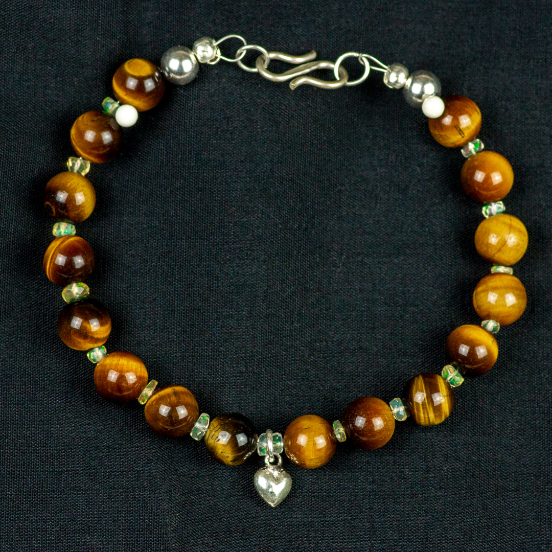 Tigers Eye and Opal Beaded Bracelet with Silver Heart Charm