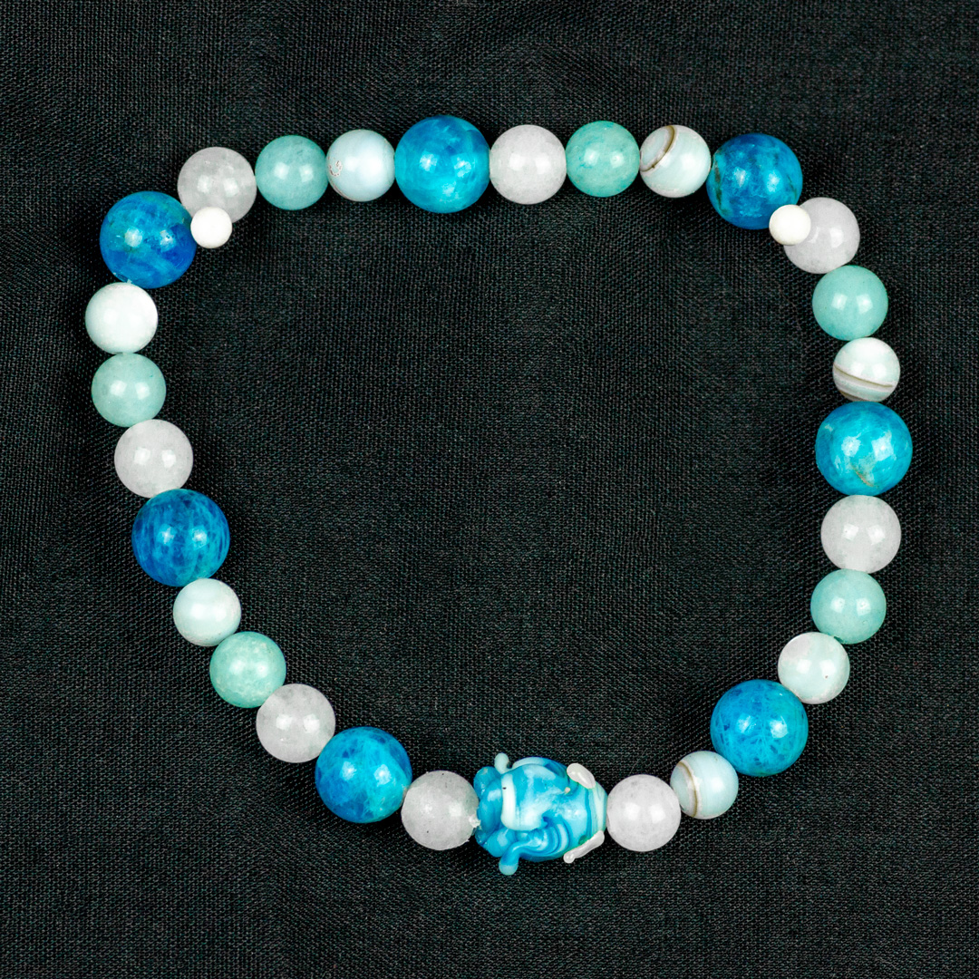 Apatite, White Jade and White Cats Eye Beaded Bracelet with Flower Bead