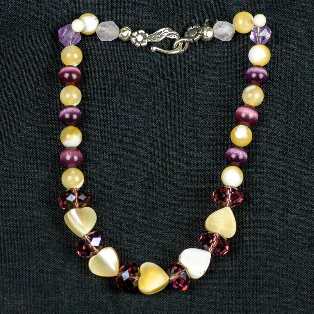 Purple Cats Eye, Pearl and Amethyst Beaded Bracelet