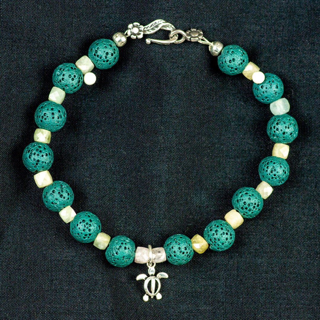 Green Lava Stone and Tourmaline Beaded Bracelet with Silver Turtle Charm