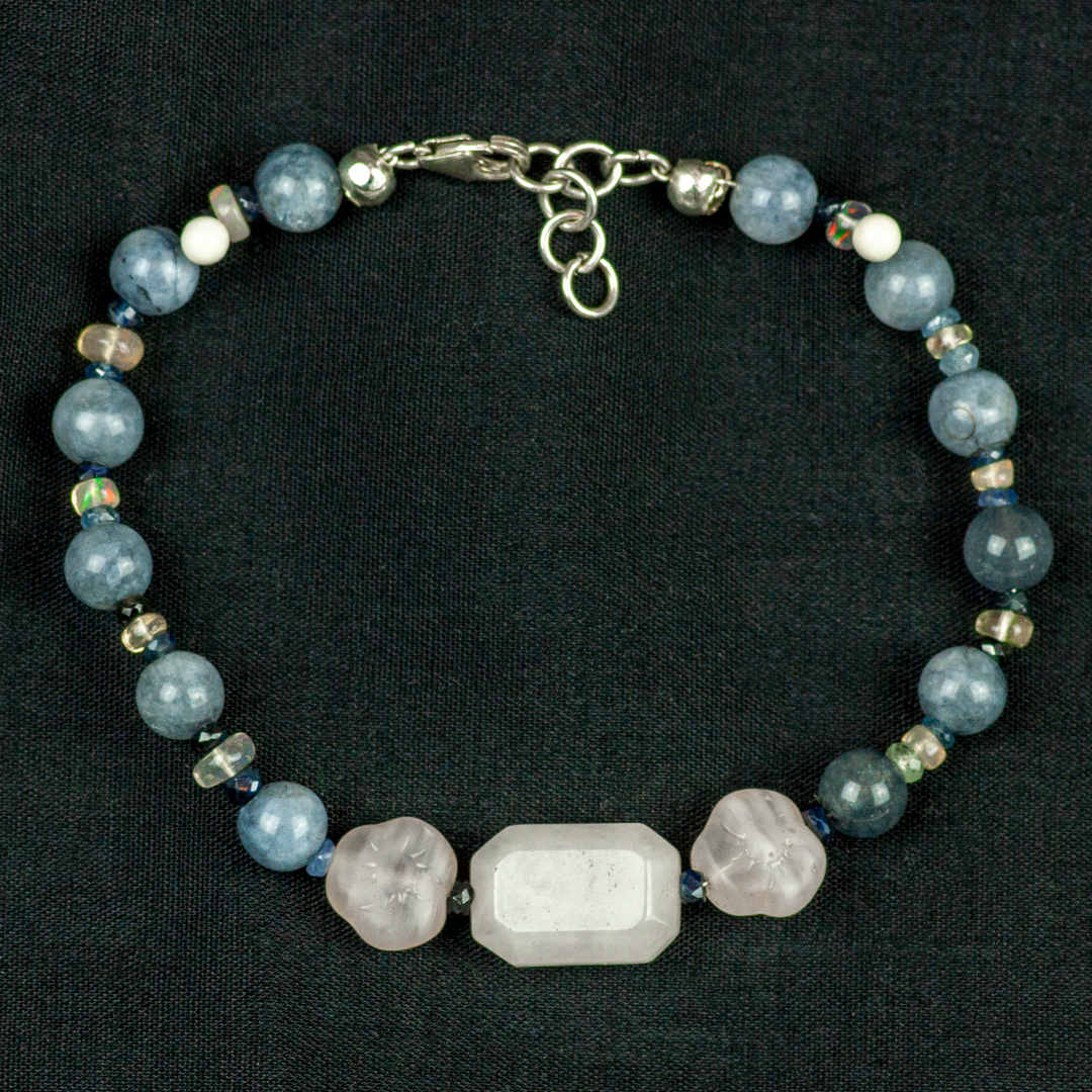 Grey Cats Eye, White Opal, Sapphire and Rose Quartz Beaded Bracelet