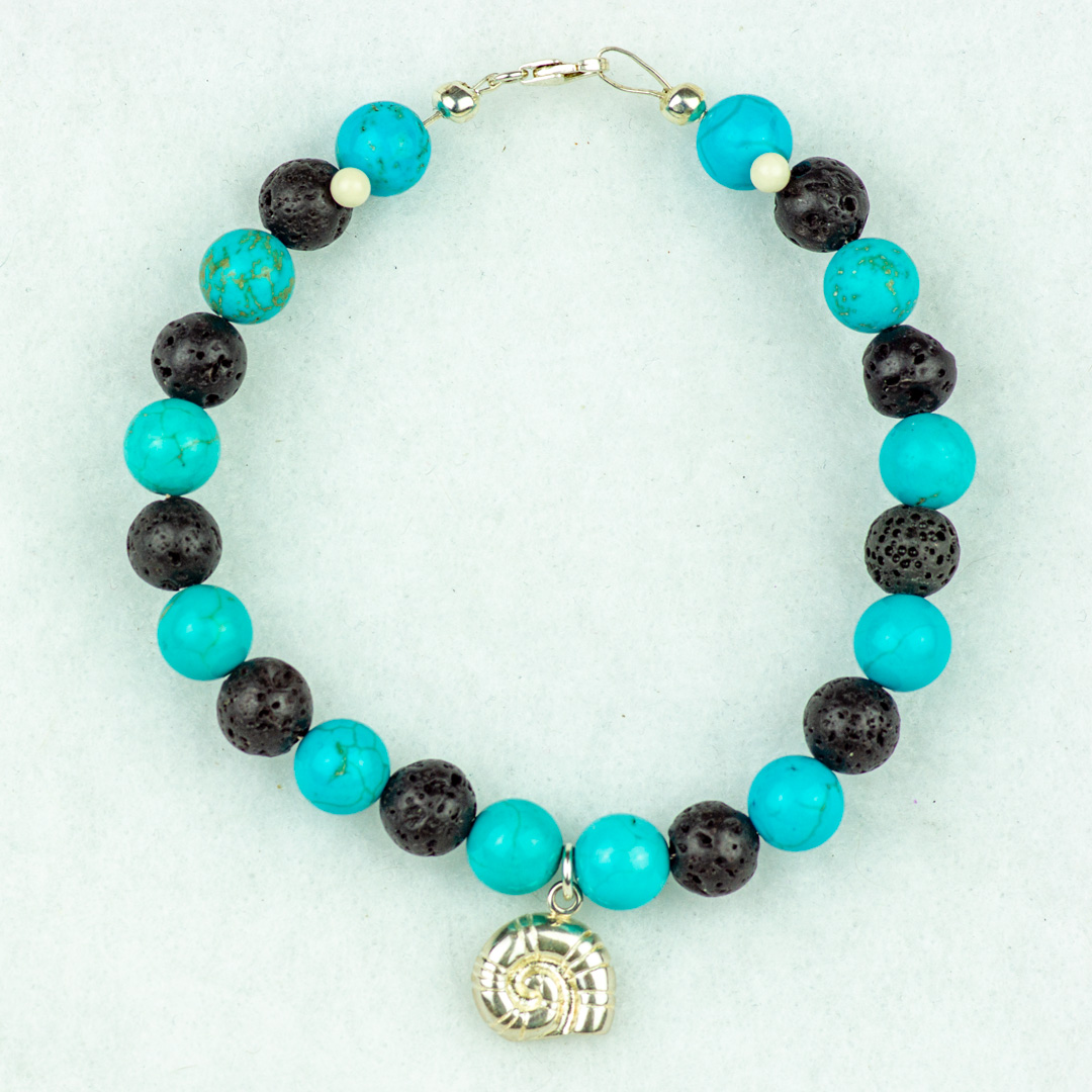 Black Lava Stone and Turquoise Beaded Bracelet with Silver Conch Shell Charm