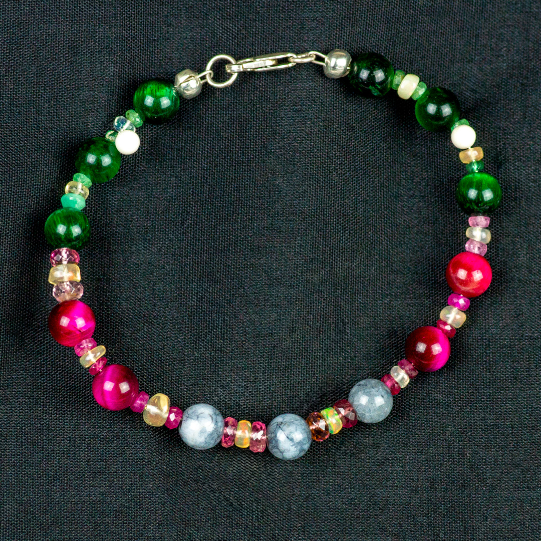 Cats Eye, Ruby, Emerald, Opal and Watermellon Quartz Beaded Bracelet
