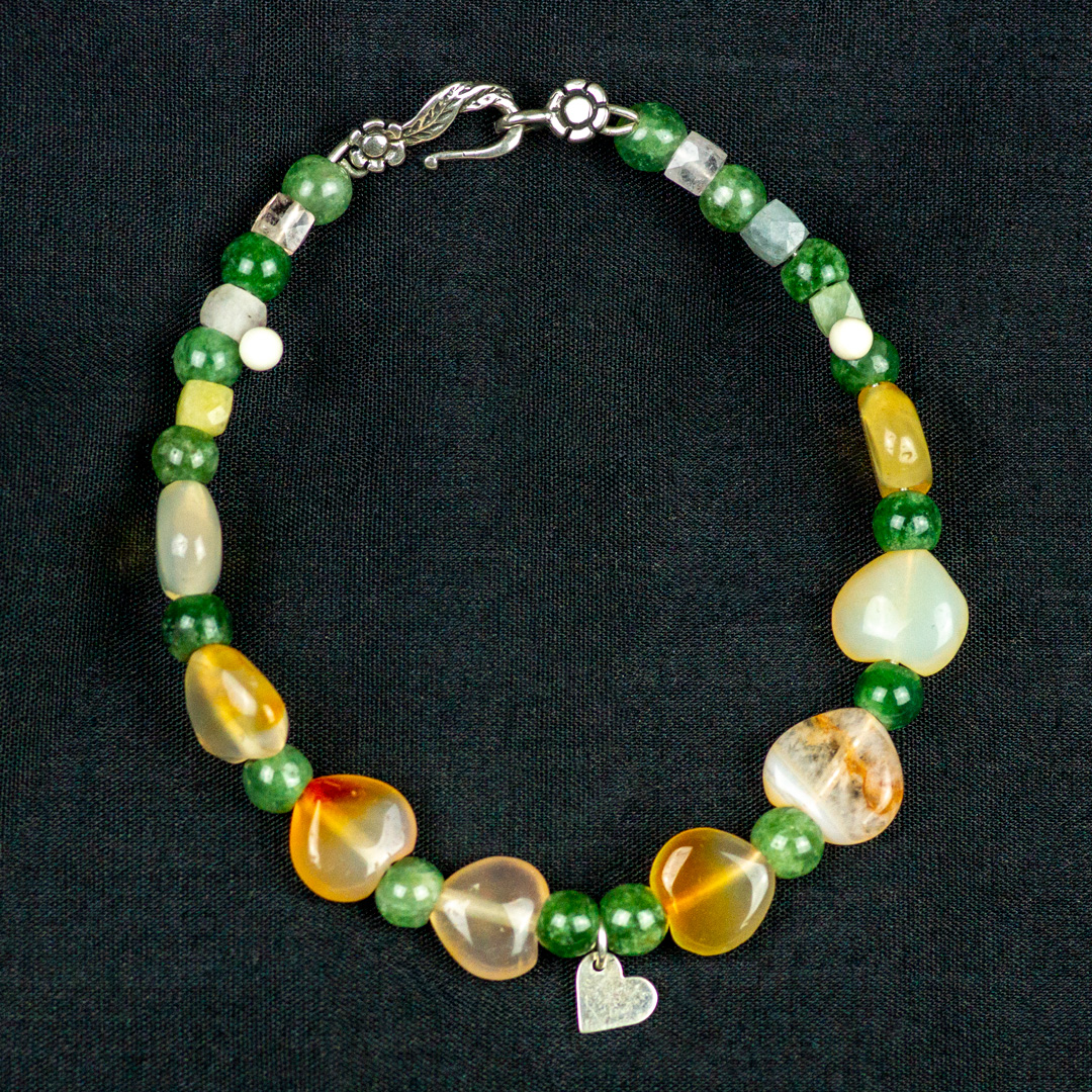 Carnelion Agate Hearts, Watermellon Citrine and Jade Beaded Bracelet with Silver Heart Charm