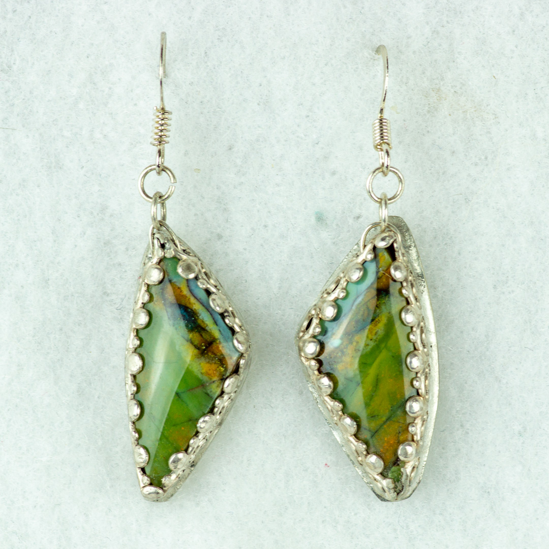 Green Opalized Petrified Wood Earrings in Sterling Silver Settings