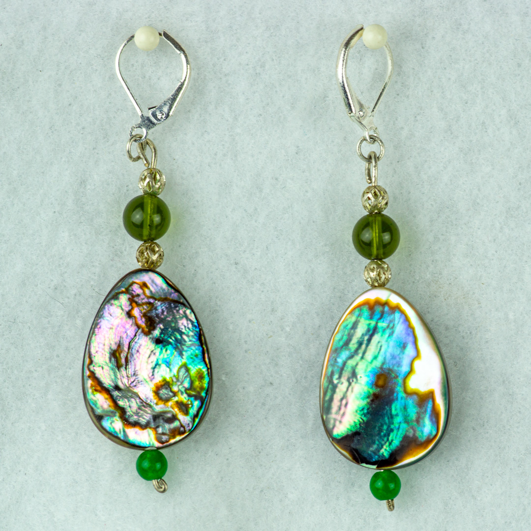 Abalone Earrings with Jade and Moldavite Accents