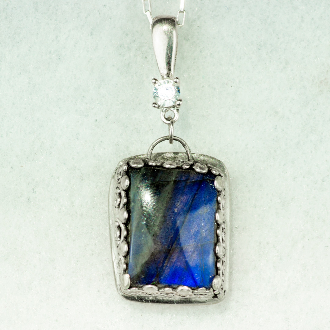 Rectangular Blue Flash Labradorite Pendant set in Sterling Silver