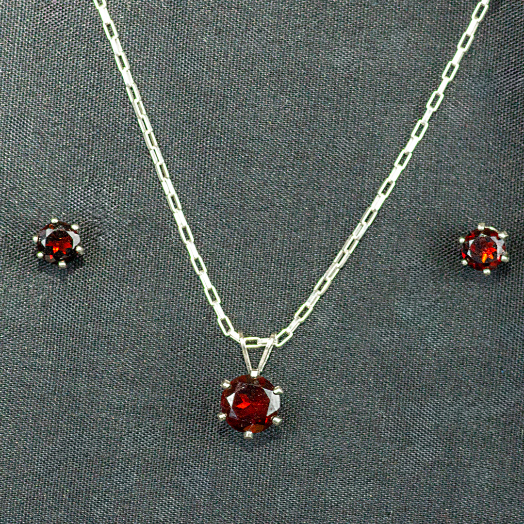 Round Faceted Garnet Studs and Pendant