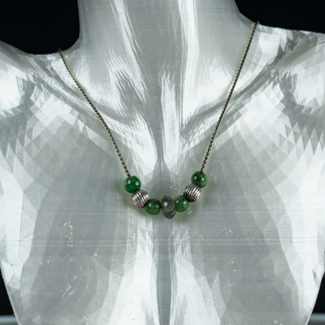 Jade, Silver and Labrodoraite Bead Necklace Strung on Sterling Silver Beading Chain